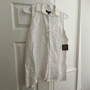 NWT. For Cynthia Sz S. White Linen Collared Sleeveless Top.